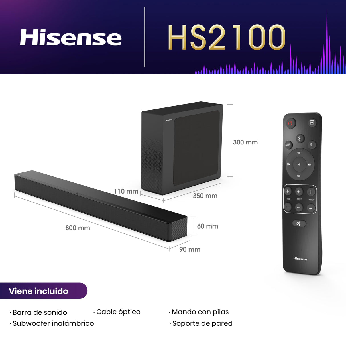 Hisense HS2100 - Barra de Sonido 2.1, 240W, Dolby Digital, DTS Virtual X, Bluetooth 5.3, HDMI ARC/Optical/AUX/USB, 6 Modos de Sonido