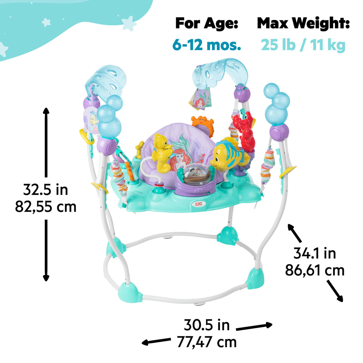 Bright Starts, Sea of Activities: Saltador de Actividades para Bebés de La Sirenita de Disney, con Juguetes Interactivos, Luces y Música, Incluye Princesa Ariel, 6-12 Meses (Azul)
