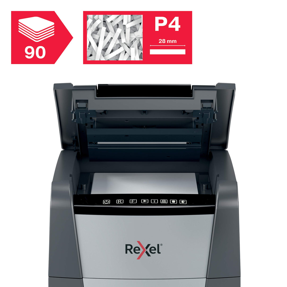 Rexel 2020090XEU - Destructora de Papel Automática Optimum AutoFeed 90X, Corte en Partículas P-4 (4x28 mm), 90 Hojas A4, Papelera Extraíble 34L, Destruye Grapas y Clips, Uso en Oficina