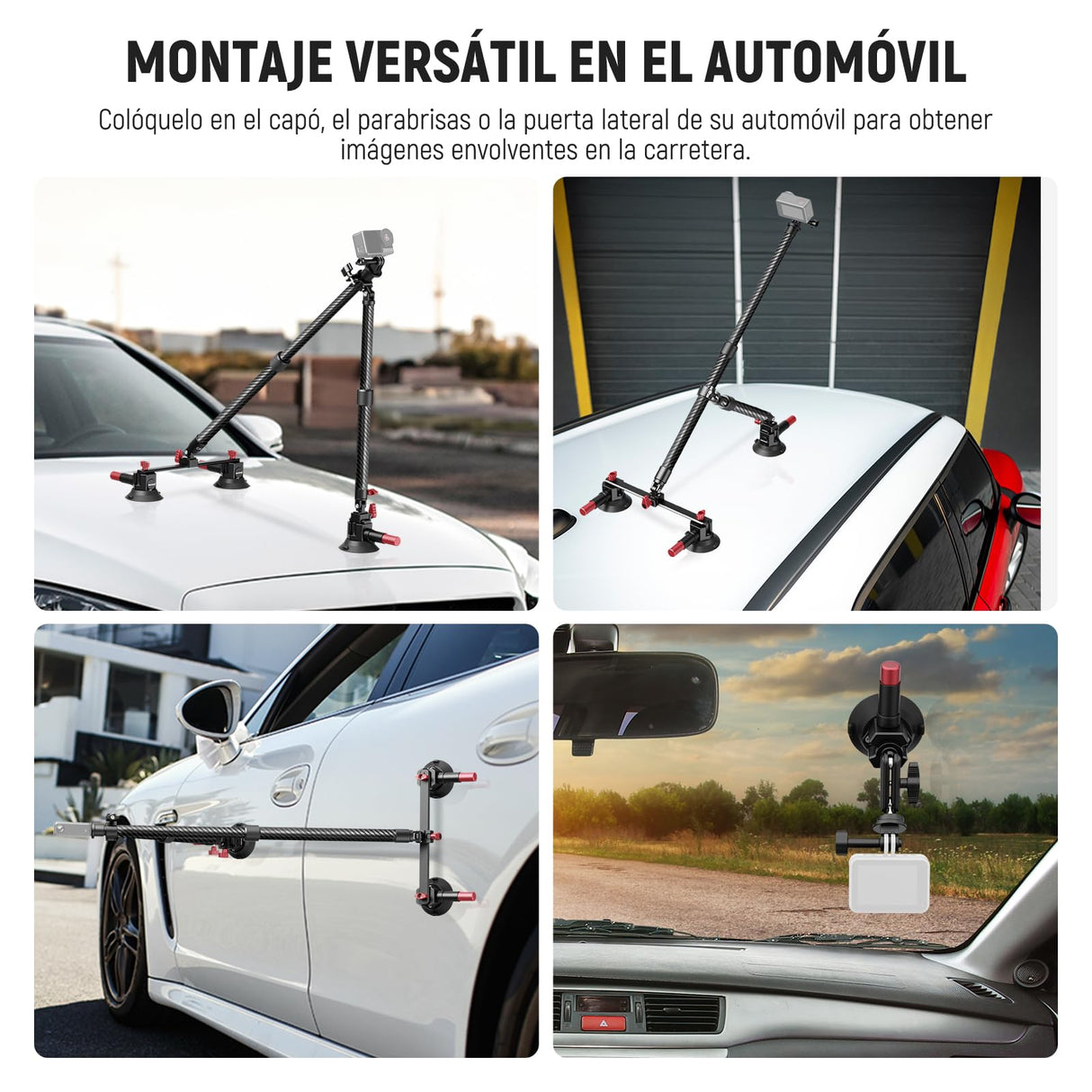 NEEWER Kit de Montaje de Coche con Triple Ventosa, Cámara Soporte de Fibra de Carbono con Adaptador Cámara Acción, Raíl NATO y Mástil de Extensión de 60cm Compatible con GoPro Insta360, MAX 1kg,CA136