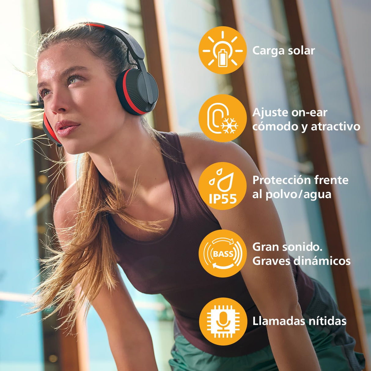 Philips TAA6219BK Auriculares Bluetooth Deportivos Serie 6000 con Carga Automática Solar, Reserva de Batería de 80 Horas, Ideales para Hacer Ejercicio, Correr y Otros Deportes - Negro y Rojo