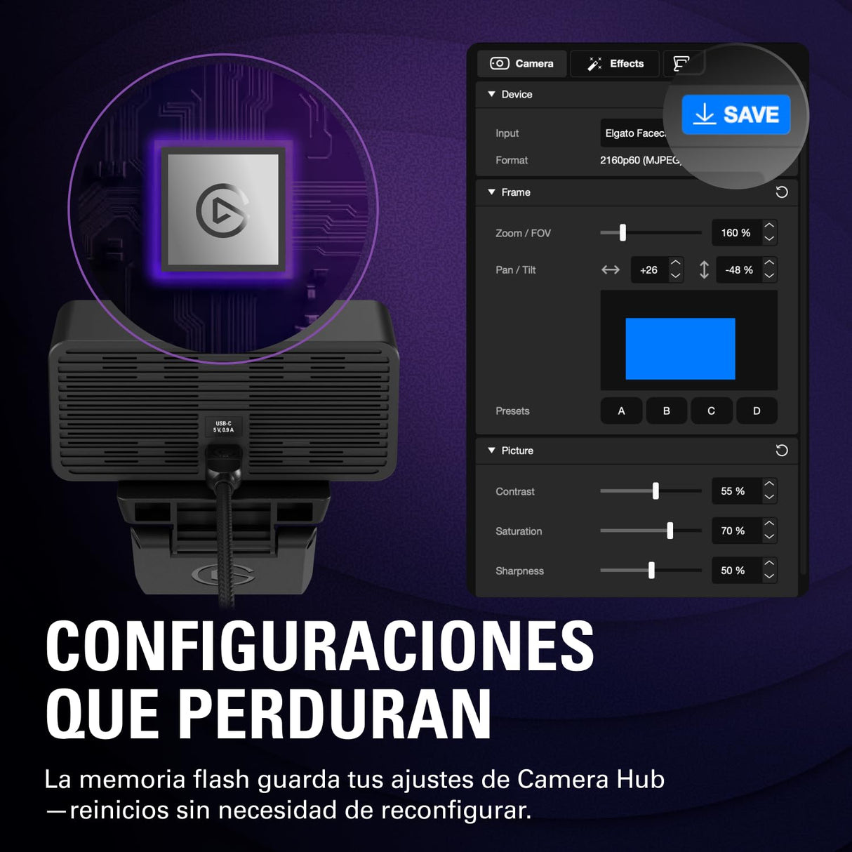 Elgato Facecam 4K – Webcam de Estudio 4K60, Calidad Tipo DSLR a 60 FPS, Compatible con filtros de Lente de 49mm, HDR, vídeo sin comprimir, área de Enfoque optimizada – USB-C para PC y Mac
