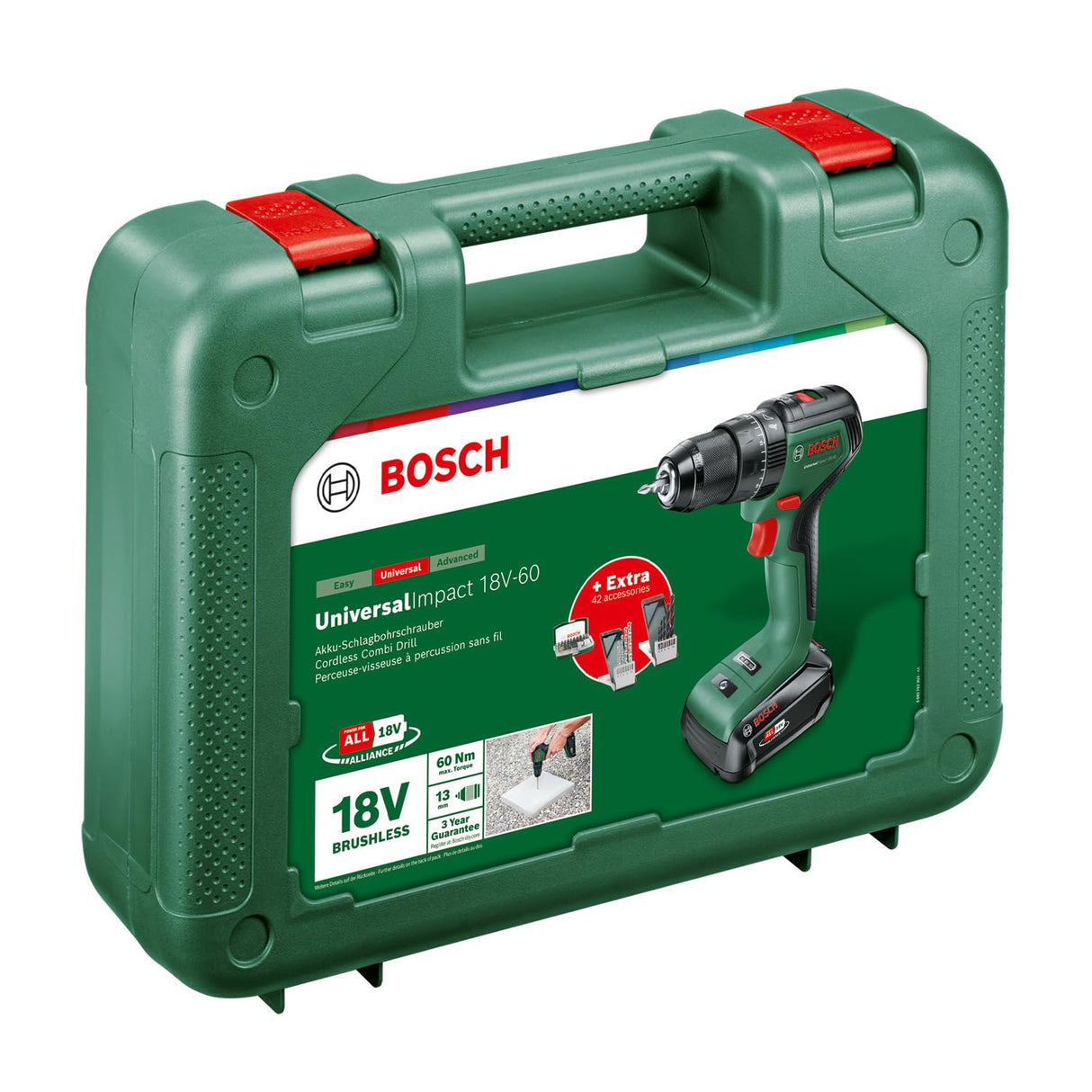 Bosch Home and Garden taladro percutor a batería UniversalImpact 18V-60 (Taladrar/atornillar en madera/metal, taladrar con percusión mampostería; 42 brocas; 1 2,0 Ah; sistema 18V) Amazon Edición