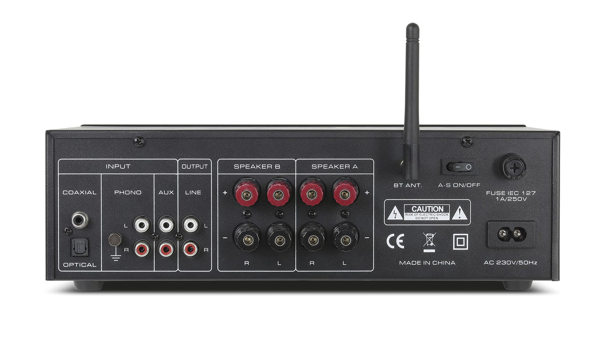 Dynavox VT-90 Amplificador estéreo Compacto, terminales de conexión atornillables para 4 Altavoces, Control Remoto, Entrada de Fono, transmisión BT, Negro