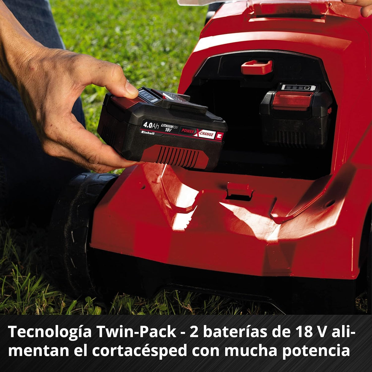 Einhell Cortacésped a batería RASARRO 36/38 Kit Power X-Change (36 V, 38 cm ancho de corte, 450 m², Brushless, función de mulching, 45L bolsa recolectora, con 2x 4,0 Ah baterías y Twincharger)