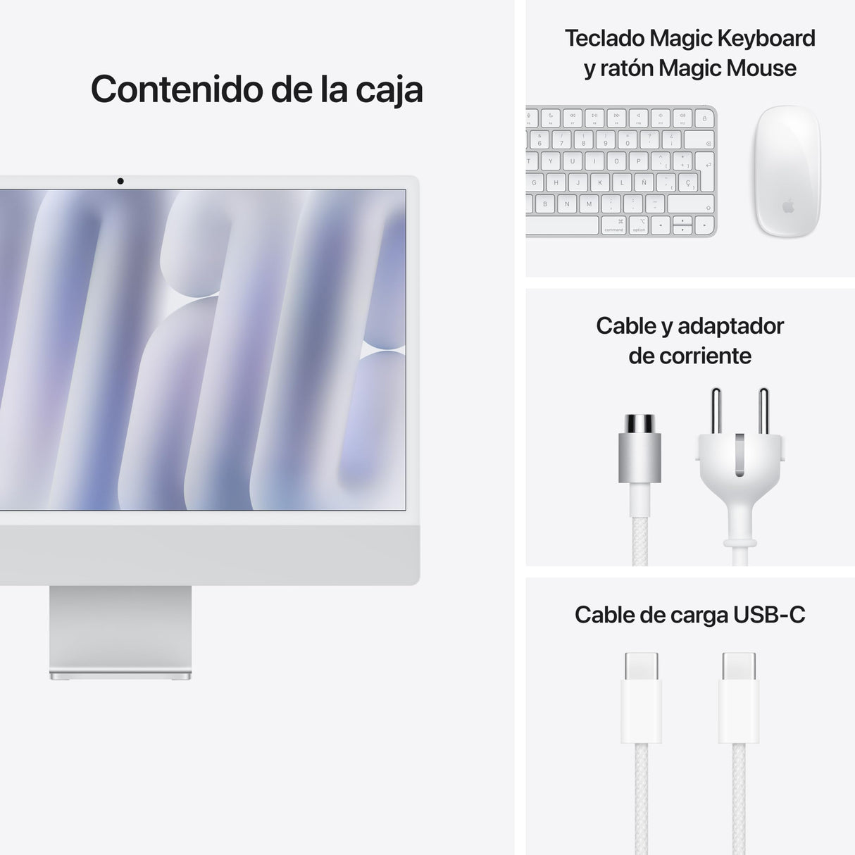 Apple iMac Ordenador de Mesa Todo en uno con Chip M4, CPU y GPU de 8 núcleos: diseñado para Apple Intelligence, Pantalla Retina de 24″, 16 GB de RAM, SSD de 256 GB,Vidrio Nano­Texturizado - Plata