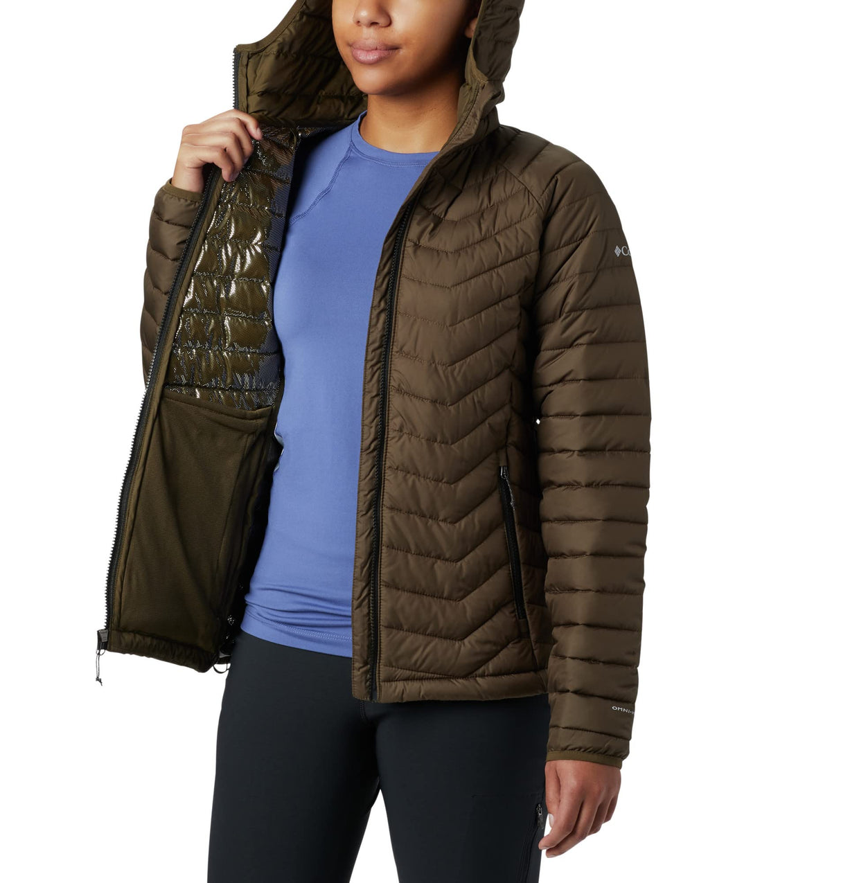 Columbia Powder Lite Hooded Jacket, Chaqueta Acolchada Con Capucha Mujer, Olive Green, M