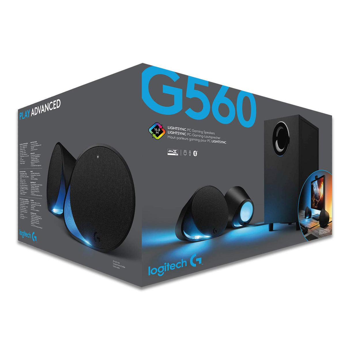 Logitech G560 Altavoces Gamer para PC, Sonido envolvente DTS:X, Iluminación LIGHTSYNC RGB integrada, 2 altavoces satélite y un subwoofer, Experiencia de juego inmersiva - Negro