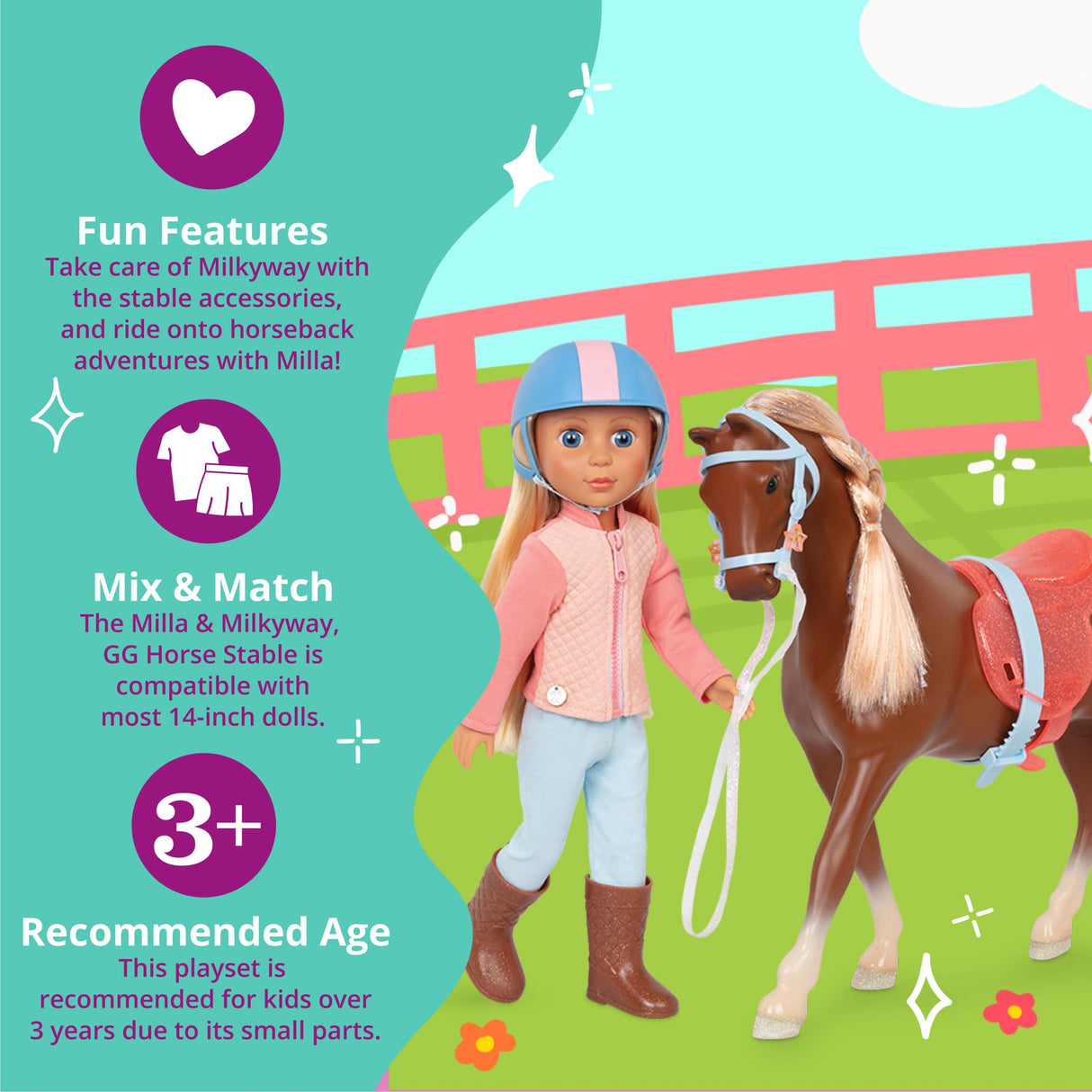 Glitter Girls - Milla & Milkyway, Establo - Muñeca de 14 pulgadas y set ecuestre - Pelo rubio y ojos azules, crin rubia - Muñeca, caballo, conjunto de establo - 3 años +