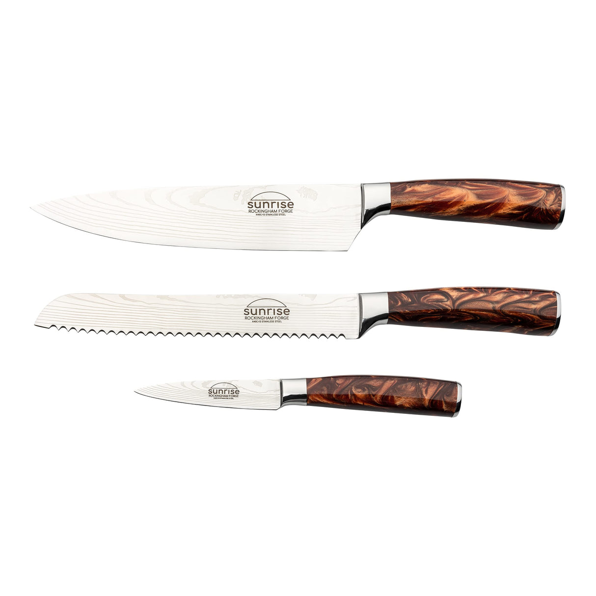 Rockingham Forge Juego de Cuchillos de Cocina de 3 Piezas, Serie Sunrise, Marrón Ambarino – Cuchillo de Cocinero, Cuchillo Para Pelar, Cuchillo Para Pan, RF-2130/3BR