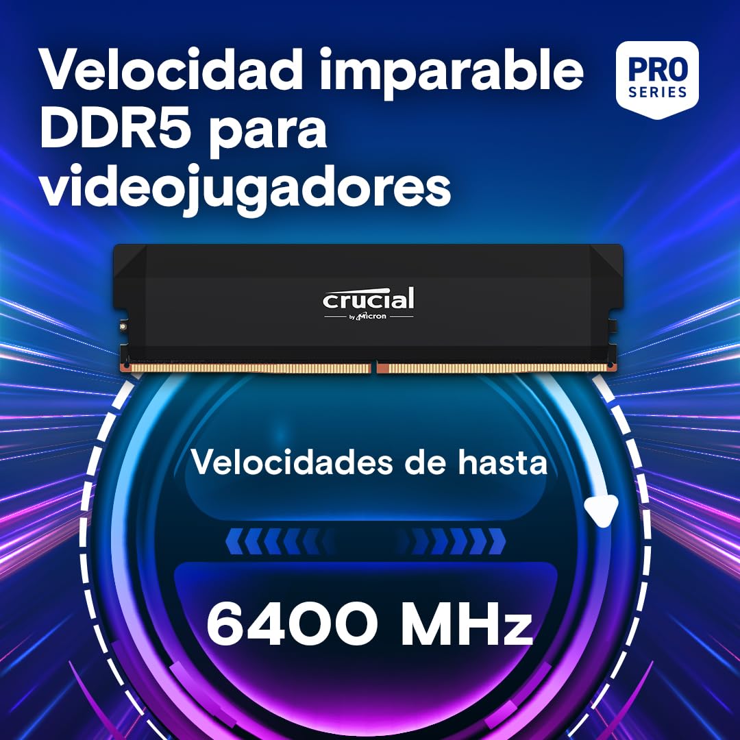 Crucial Pro RAM DDR5 32GB (2x16GB) 6000MHz CL36, Memoria Overclocking Gaming, Intel XMP 3.0 / AMD Expo, (PC) Memoria RAM DDR5 32GB, Negro - CP2K16G60C36U5B