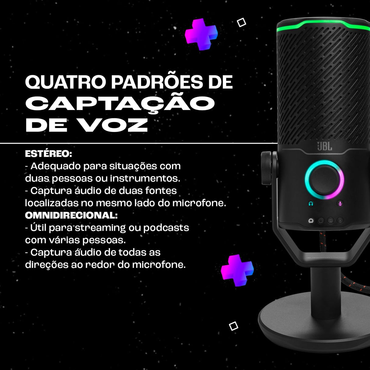 JBL Quantum Stream Studio, Micrófono USB cuádruple para streaming, grabación y gaming, con cuatro patrones de captación de voz y medidor de VU RGB, compatible con JBL QuantumENGINE