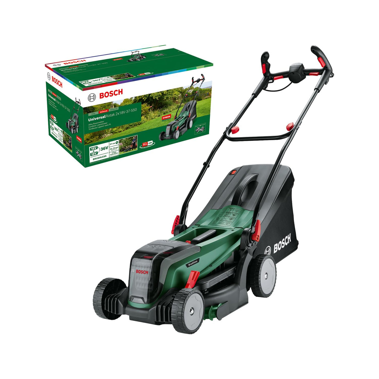 Bosch cortacésped con batería UniversalRotak 2x18V-37-550 (hasta 500 m2 con 2 baterías de 4 Ah; sistema de 18 voltios; anchura de corte: 37 cm; sin baterías)