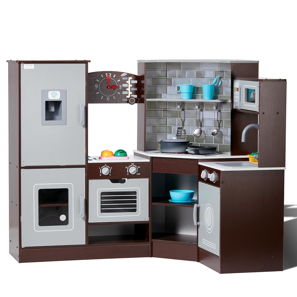 VEVOR Juego de Cocina de Madera de Esquina con Luces y Sonidos, Cocina con Máquina de Hielo, Horno, Fregadero, Reloj, Microondas, Refrigerador y Accesorios para Niños Pequeños y Preescolares, Marrón
