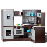 VEVOR Juego de Cocina de Madera de Esquina con Luces y Sonidos, Cocina con Máquina de Hielo, Horno, Fregadero, Reloj, Microondas, Refrigerador y Accesorios para Niños Pequeños y Preescolares, Marrón
