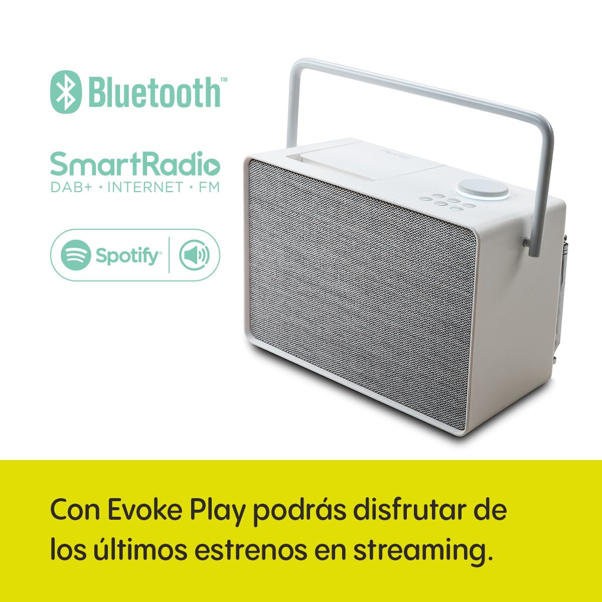 Pure Evoke Play Sistema de música versátil para Interiores y Exteriores (Radio Dab+ /FM, Radio por Internet, podcasts, Spotify Connect, Bluetooth en un Rico Sonido estéreo de 40W), Blanco algodón