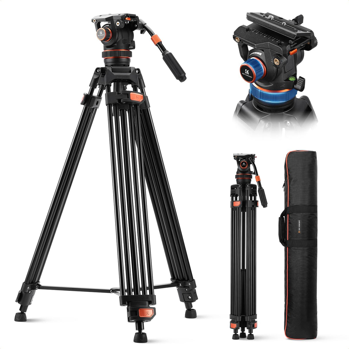 K&F CONCEPT 75"/ 191cm Trípode Video VA3+BV60, Trípode de Aleación de Aluminio Resistente con 360° Cabezal de Fluido, Compatible con Canon Nikon Sony y Otras, Carga hasta 22lb/10kg