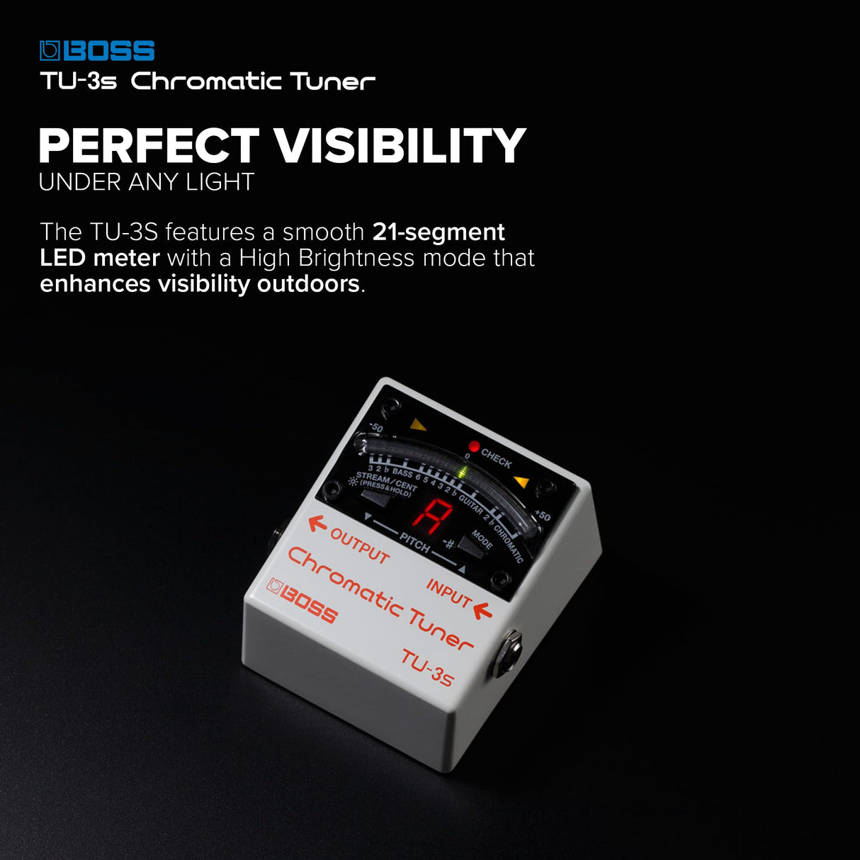 Afinador cromático compacto para pedalera BOSS TU-3S | Excelentes prestaciones en formato diminuto | Afinación de precisión para guitarra y bajo | Indicador LED de 21 segmentos