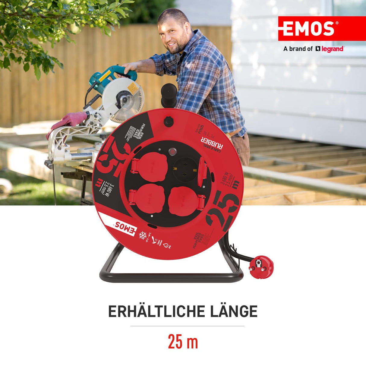 EMOS 1000116.30 Enrollacables Profesional alargador, 25m de Cable con 4 enchufes Schuko, 2,5 mm2 Goma, IP44, para Uso Exterior, Macho a hembra, negro/azul