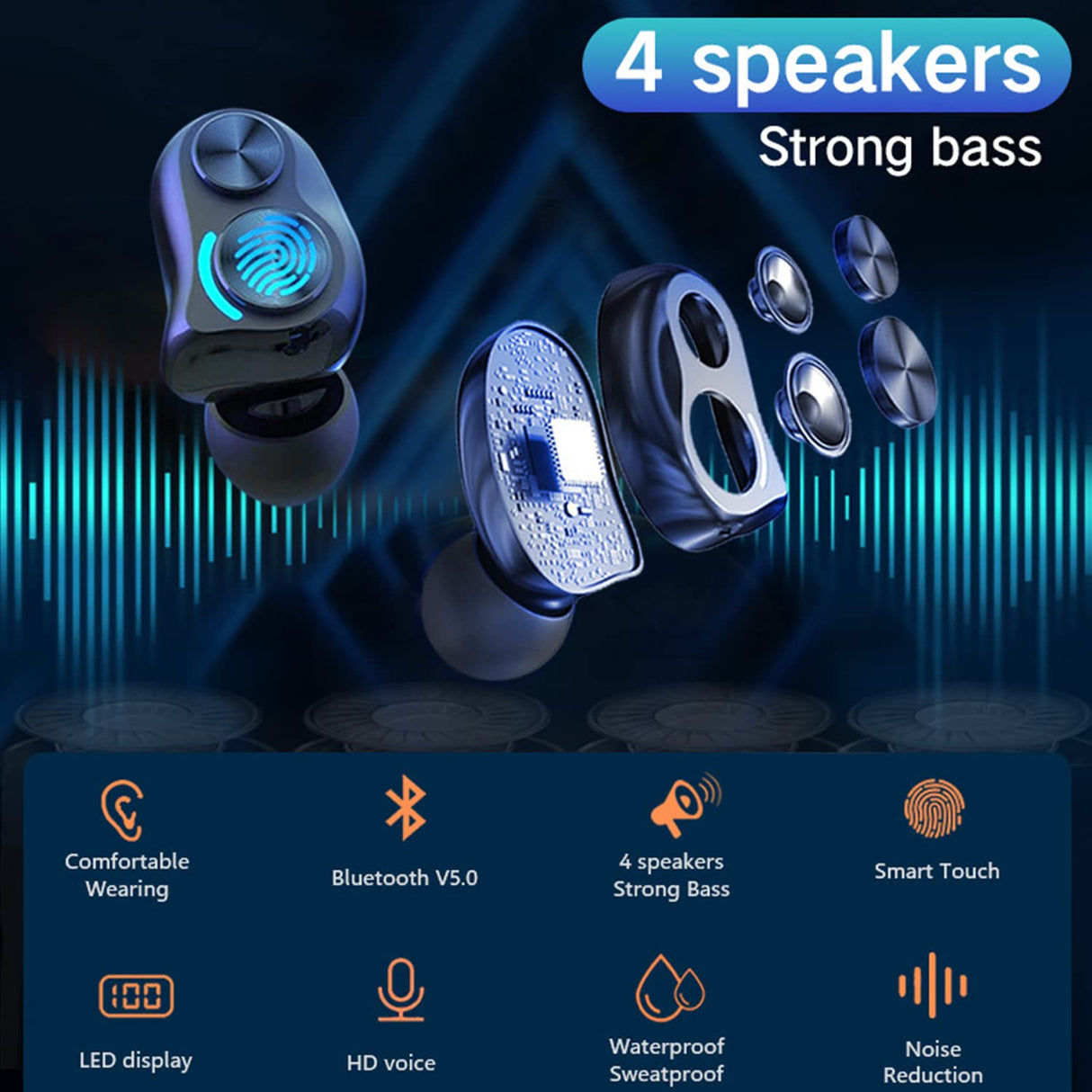 Jmamba Auriculares inalámbricos Bluetooth Sonido, IPX7 Impermeables con micrófono, Control táctil, Pantalla de alimentación LED, Funda de Carga