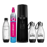 SodaStream Terra Pack - Máquina Gasificadora de Agua Color Negro, Incluye 1 Botella Fuse de 1L 2 Botellas Fuse de 0,5L y 1 Cilindro de Gas Color Rosa, Para Preparar Hasta 60L de Agua con Gas