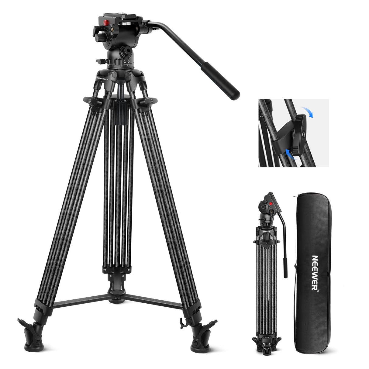 NEEWER LL34 - Trípode de vídeo para cámara de 78 pulgadas, cierre rápido con cabezal de líquido amortiguador, robusto trípode de fibra de carbono con placa QR de modo dual compatible con DJI
