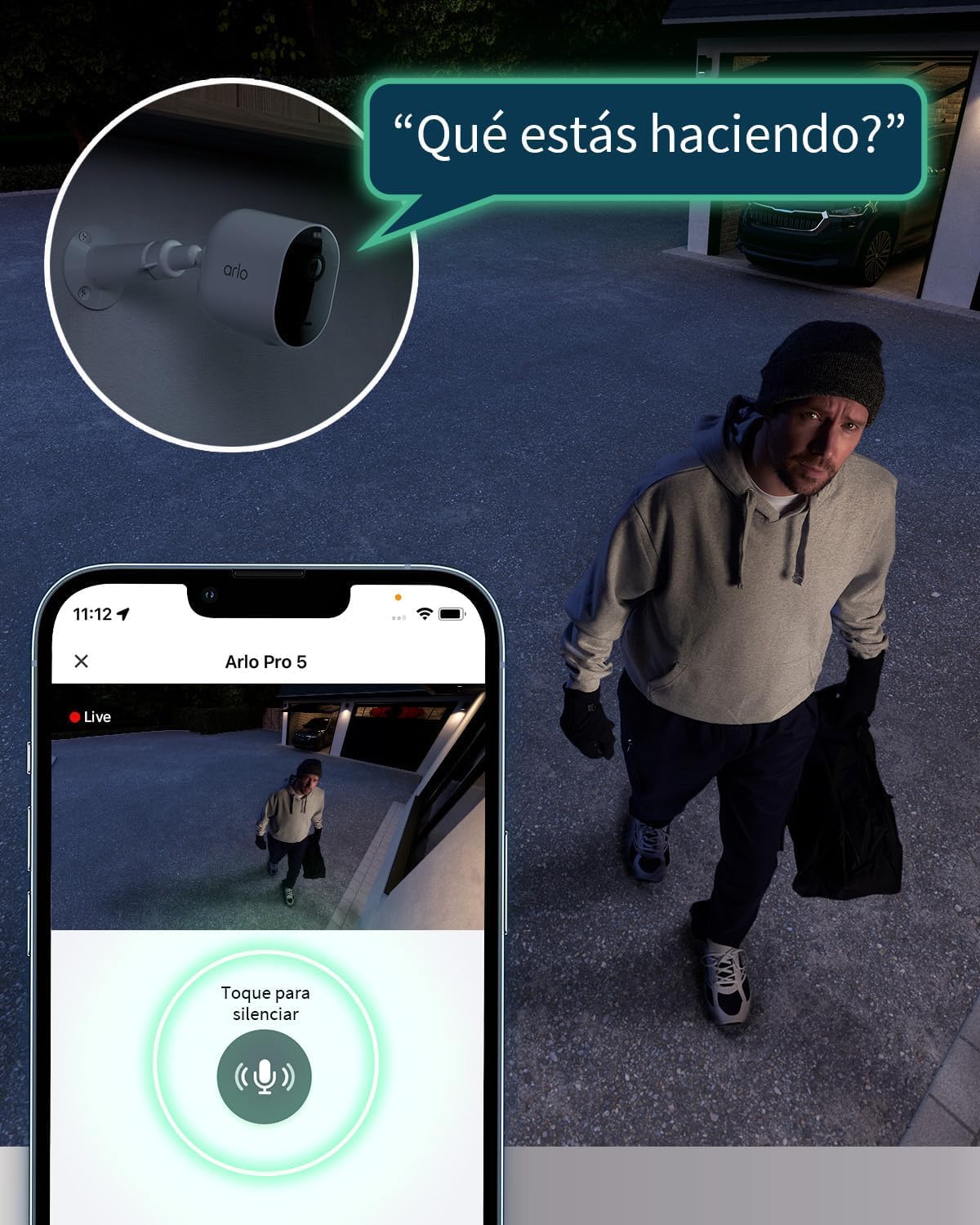 Arlo Pro 5 Camara de Vigilancia WiFi Exterior 2K, Camara Vigilancia WiFi Interior, Sensor de Movimiento, Alarmas Para Casa, Visión Nocturna Color, Prueba Arlo Secure Incluida, 4 Cámaras, Blancas