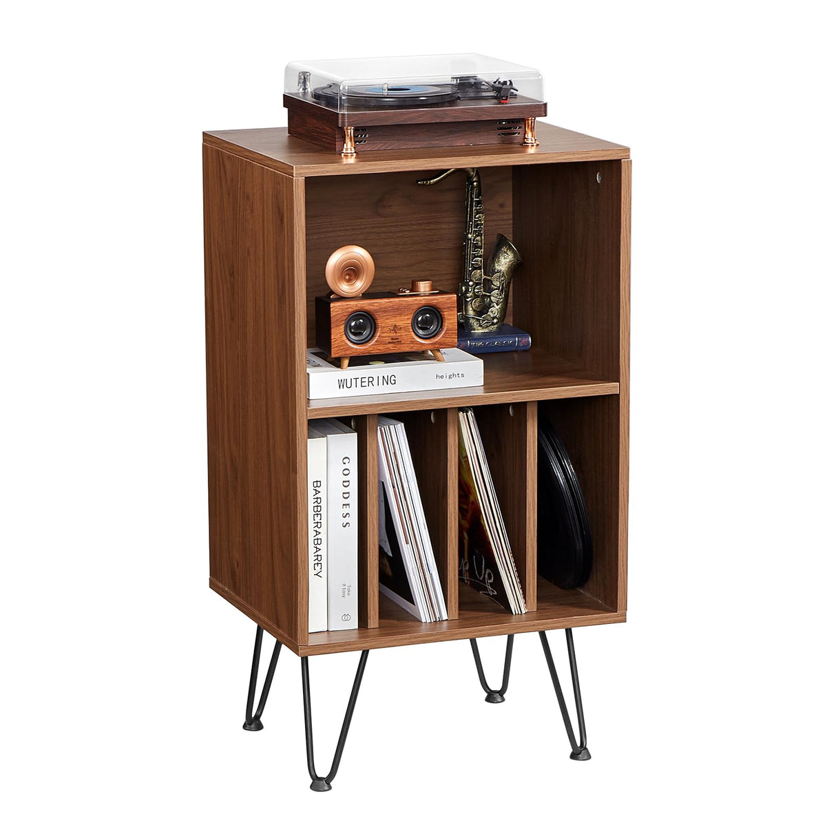 VEVOR Soporte para Tocadiscos 480 x 400 x 860 mm de 3 Niveles Capacidad Hasta 150 Álbumes, Gabinete de Almacenamiento de Discos de Vinilo con Patas de Metal para Dormitorio, Sala de estar, Marrón