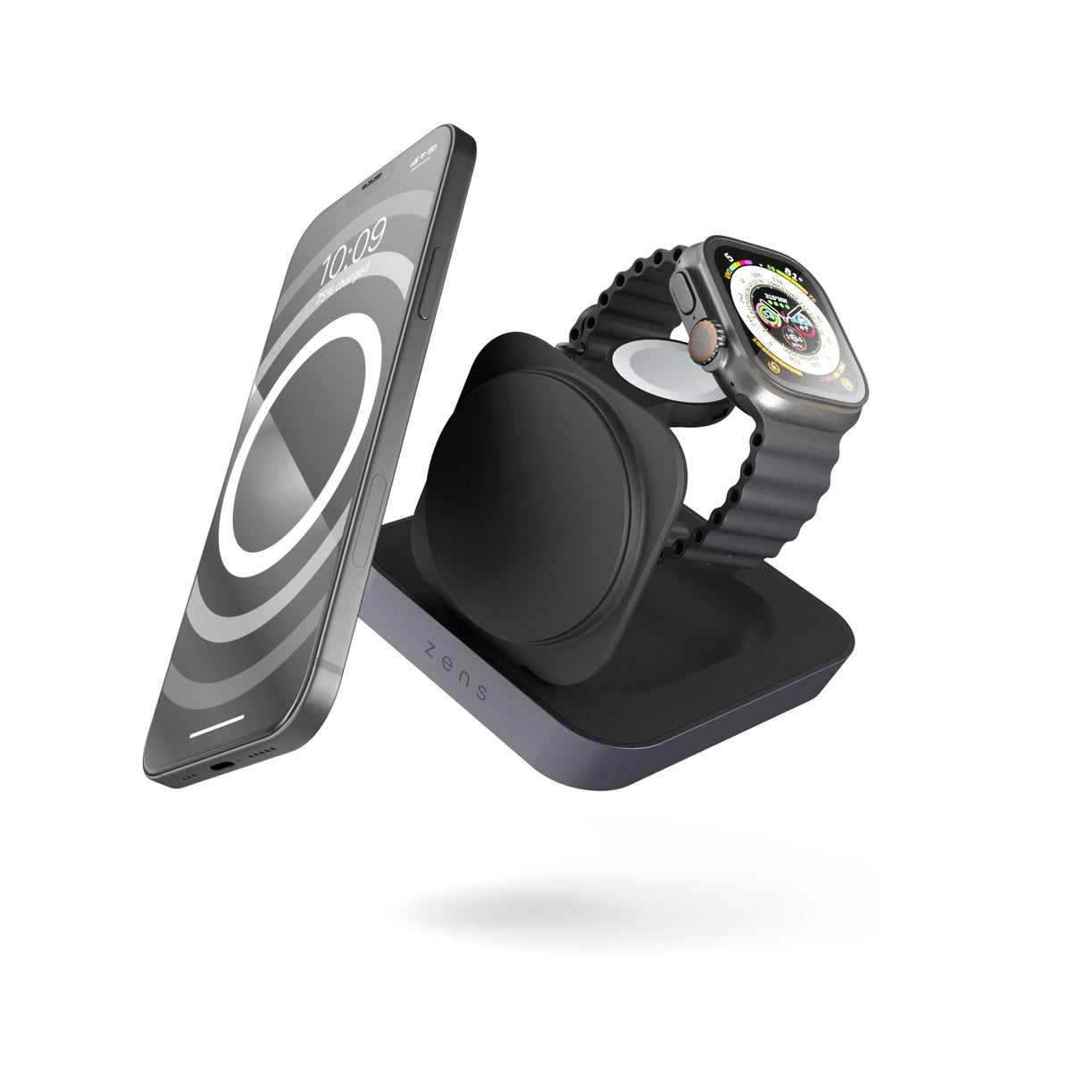 Zens Nightstand Magnetic Wireless Charger Pro 2, Cargador inalámbrico MagSafe y Qi 15 W para iPhone/Apple Watch/AirPods, Incluye Adaptador de Corriente de 20 W (EU/UK/US), Negro