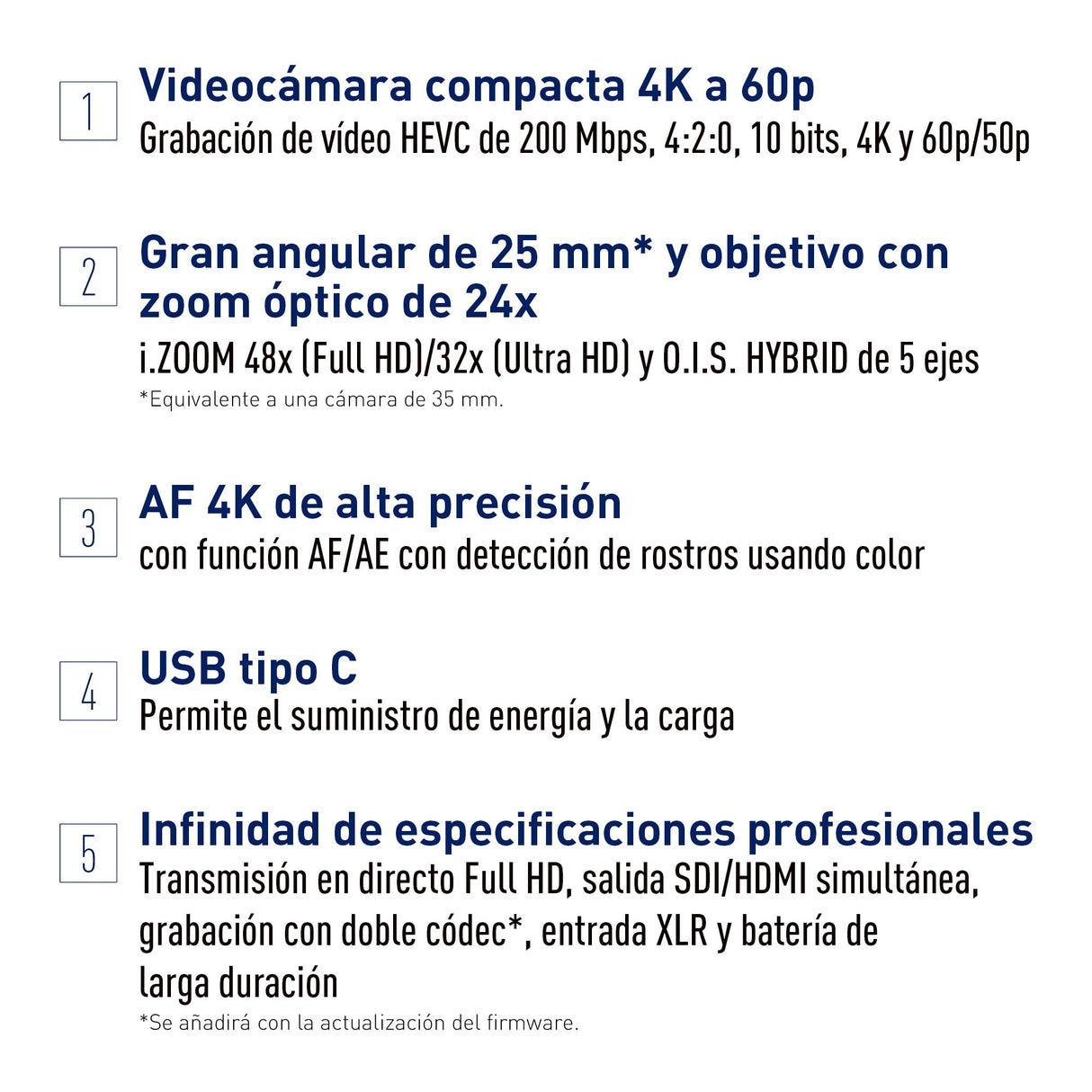 Panasonic AG-CX18EH 4K 60p Videocámara Profesional con Lente Gran Angular de 25 mm, Zoom de 24x, 3G-SDI, XLR, OIS Híbrido de 5 Ejes, Luz LED, Wi-Fi, USB PD, Negra