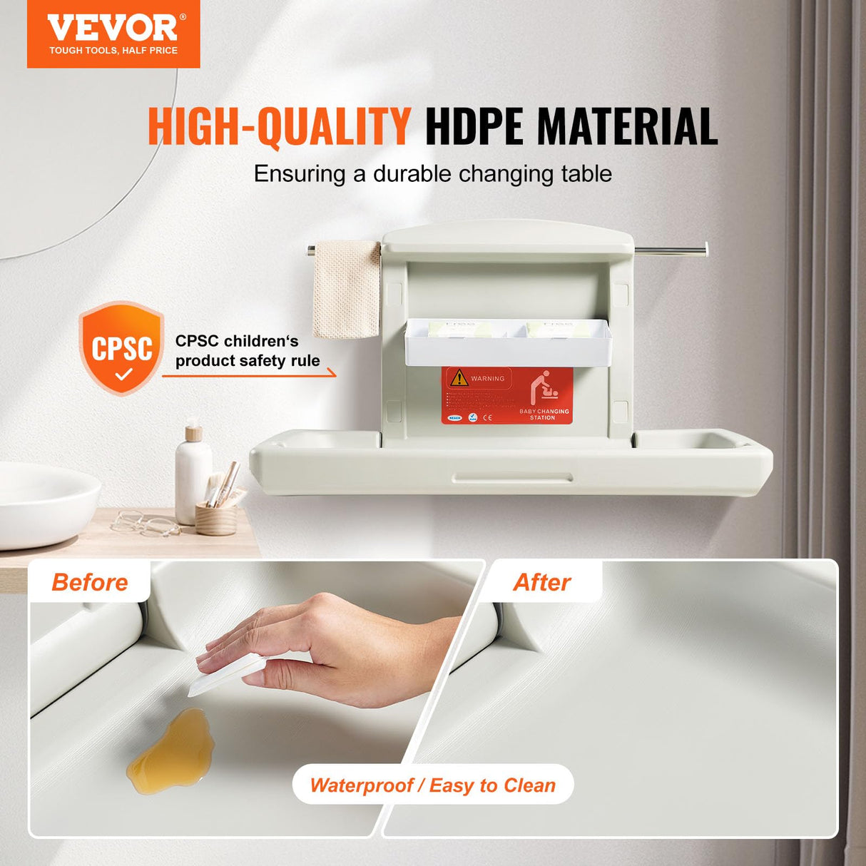 Cambiador de Pared Plegable de Plástico HDPE Mueble Cambiador Carga Máxima de 20 kg con Correa de Seguridad Plegado Rápido con Un Solo Toque Instalación Fácil para Bebé, 86x56,5x50 cm