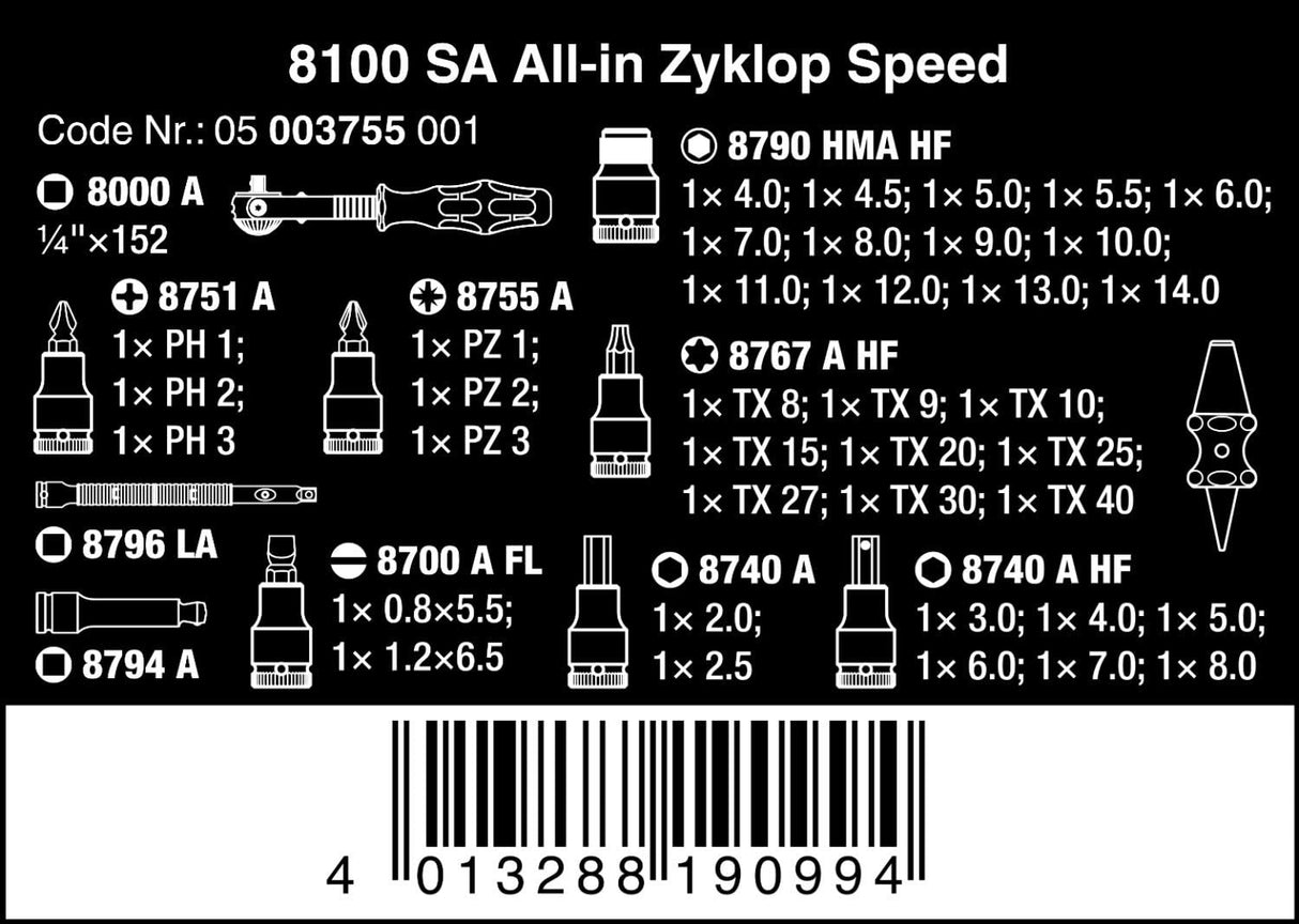 Wera 05003755001 8100 SA All-in Juego de carraca Zyklop Speed, Negro, Cromo, Verde, 1/4"