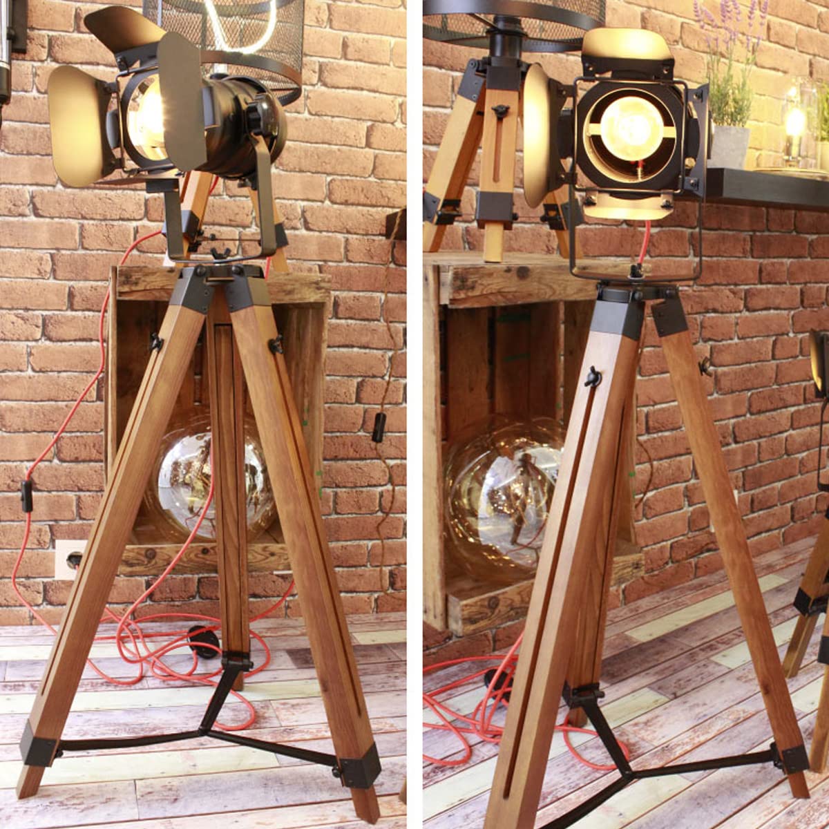 BarcelonaLED Lámpara de Pie Trípode Madera con Foco Proyector Negro Cable Tela Roja Vintage Retro Industrial Náutica Cinema para Salón Estudio E27