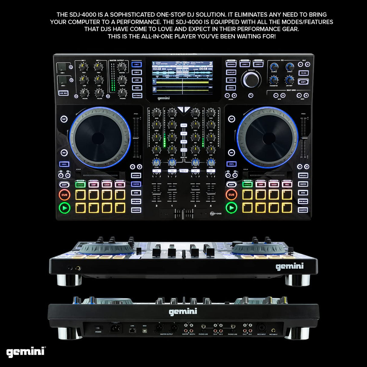 Gemini Sound SDJ-4000 DJ Equipment Console Table con 2 cubiertas, mezclador de audio de 4 canales, ruedas táctiles compatibles y pantalla HD de 7 pulgadas