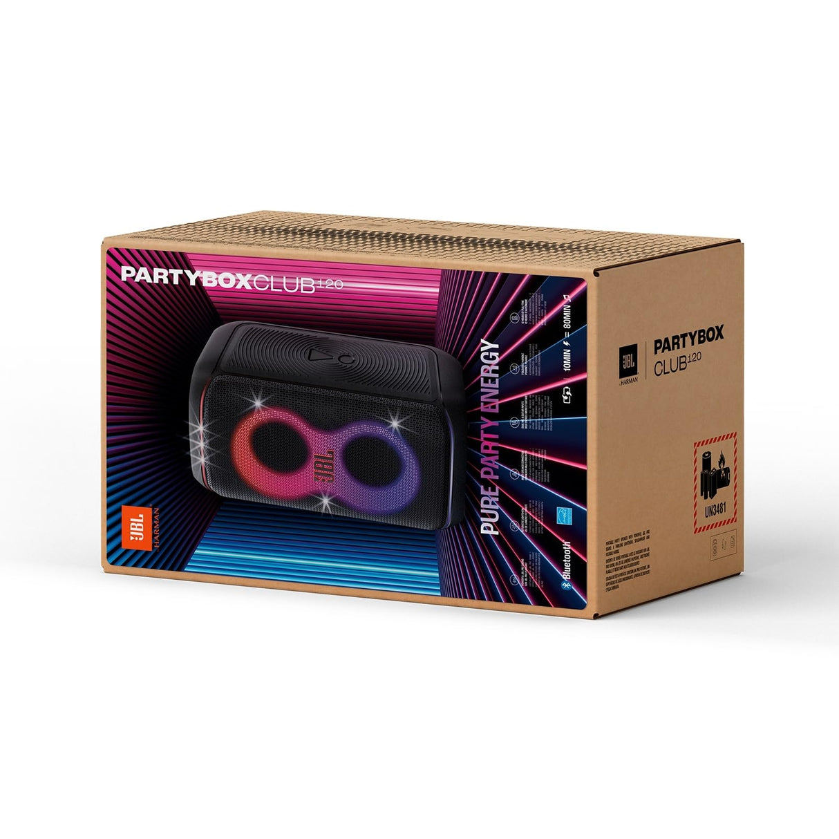JBL Partybox Club 120, Altavoz portátil para fiestas, con asa plegable ergonómica, Bluetooth, espectáculo de luces, resistente a salpicaduras (IPX4), hasta 12h de reproducción, negro