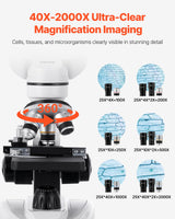 VEVOR Microscopio Compuesto con Aumento de 40-2000X Kit de Microscopio Binocular Cuerpo de Aleación de Aluminio, Luz LED, Soporte para Teléfono, para Estudiantes, Laboratorios, Escuelas, Hogar