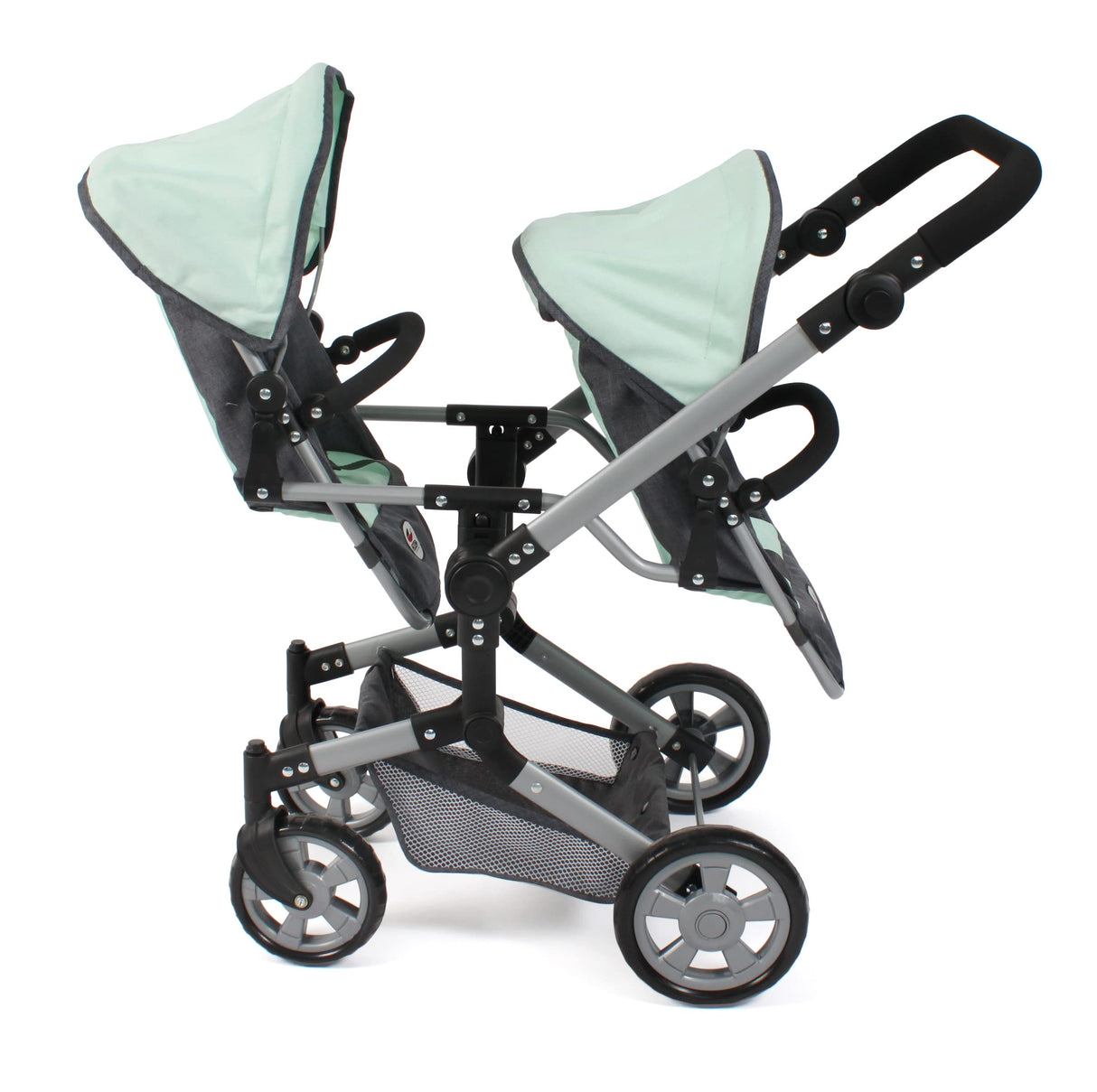 Bayer Chic 2000 - Cochecito de muñecas Linus Duo, Carrito de muñecas Gemelos para niños de 4 a 8 años, Melange Gris Oscuro, Menta, 690-67