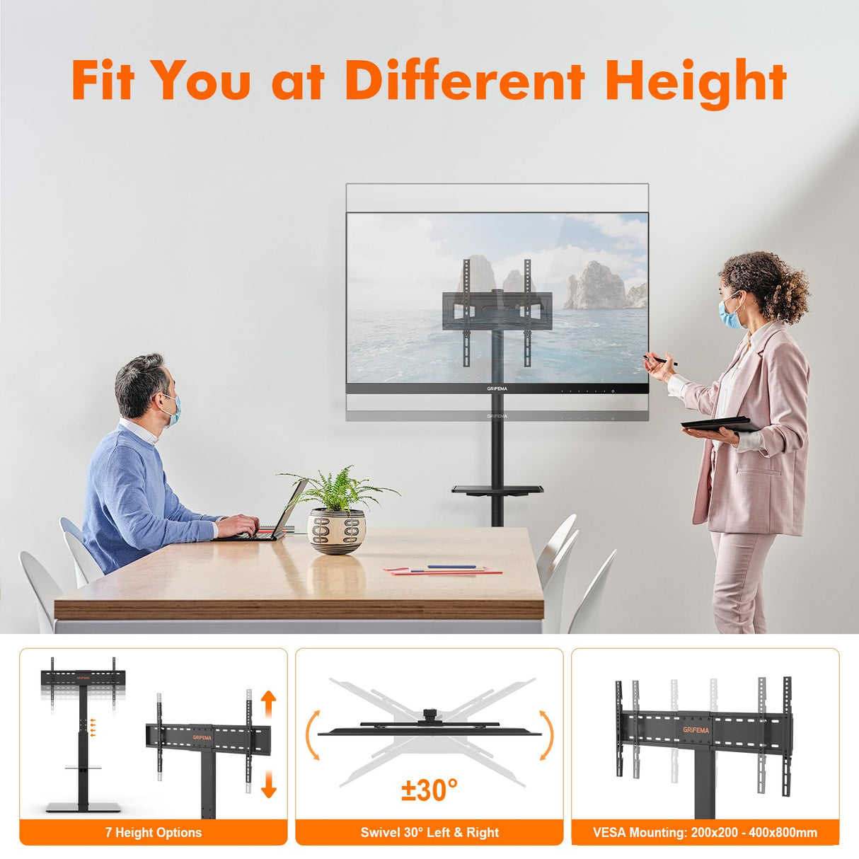 GRIFEMA GB3002 Soporte TV Pie Universal para Televisores de Plasma/LCD/LED hasta 85 Pulgadas, Soporte TV Suelo con EEstantes de Vidrio Templado de 2 Niveles, hasta 60 kg, VESA MÁX. 400x800mm