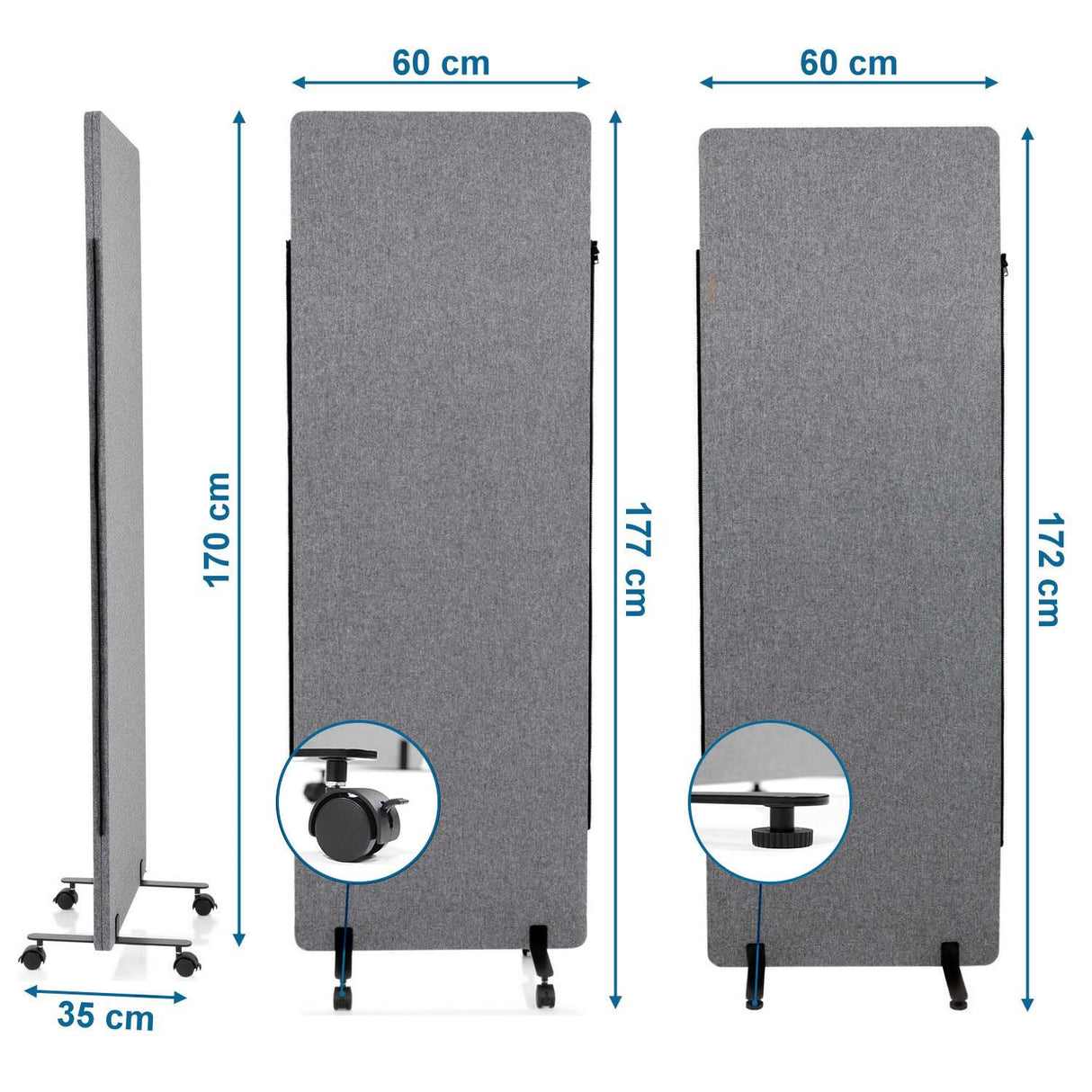 hjh OFFICE 891006 Tabique acústico FLEXMIUT 177 x 60 cm, Juego de 2, Separador de Espacios, con Ruedas y Deslizadores, Tejido Gris Oscuro