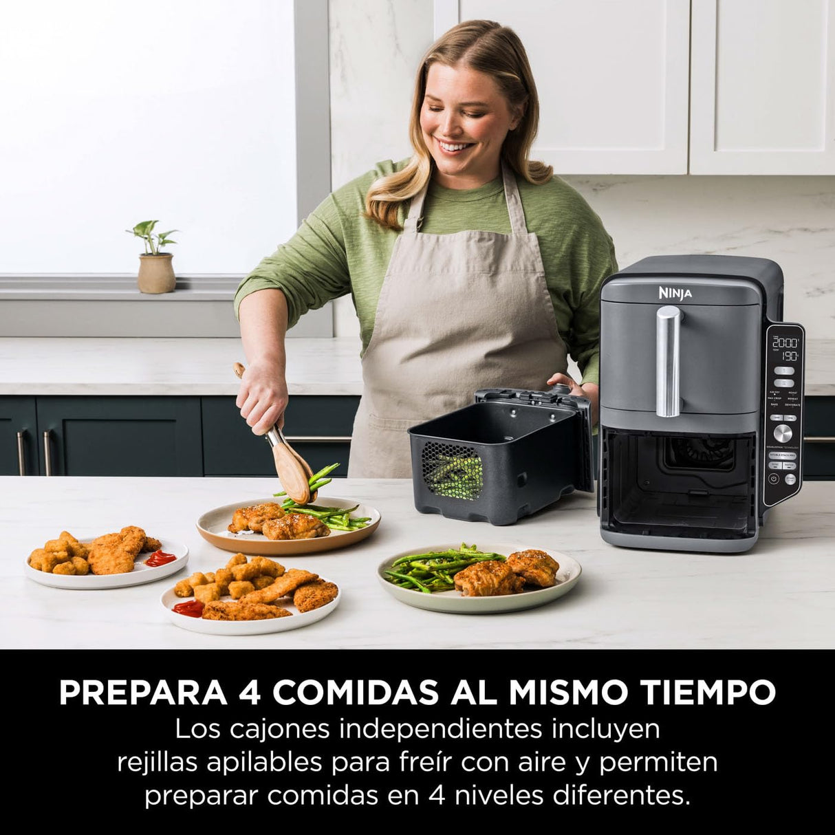 Ninja Double Stack XL Freidora de aire, 9,5 l, Doble cesta vertical, 4 niveles de cocción, 2 cestas y 2 rejillas, diseño para ahorrar más espacio, 6 funciones de cocción, 8 porciones, en gris, SL400EU