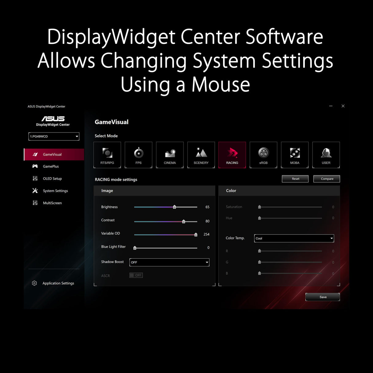ASUS ROG Swift OLED PG49WCD Monitor Gaming QD-OLED Curvo, 49', 144 Hz, 0,03 ms, Compatible con G-Sync, disipador Personalizado, ROG Smart KVM, 90 W Type-C, DisplayWidget Center