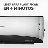 Fellowes Spectra A3 - Plastificadora de documentos, 80-125 micras, para uso ocasional, libre de atascos, color negro y plateado, 10 fundas de plastificar gratis