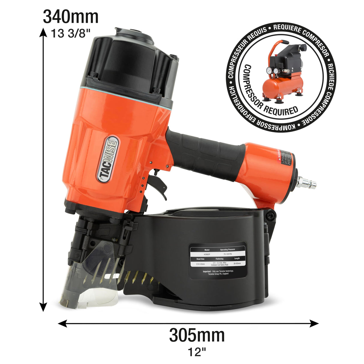 Tacwise HCN83P Clavadora Neumática de Bobina, Utiliza Clavos en Bobina Plana de 38-83 mm