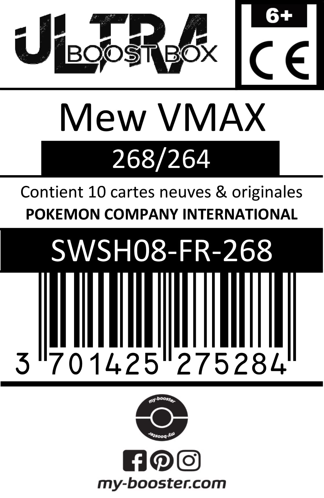 Mew VMAX 268/264 - Poing de Fusion ARC en Cielo Secreto – Myboost X Espada y Escudo 8 – Juego de 10 Cartas Pokémon francesas