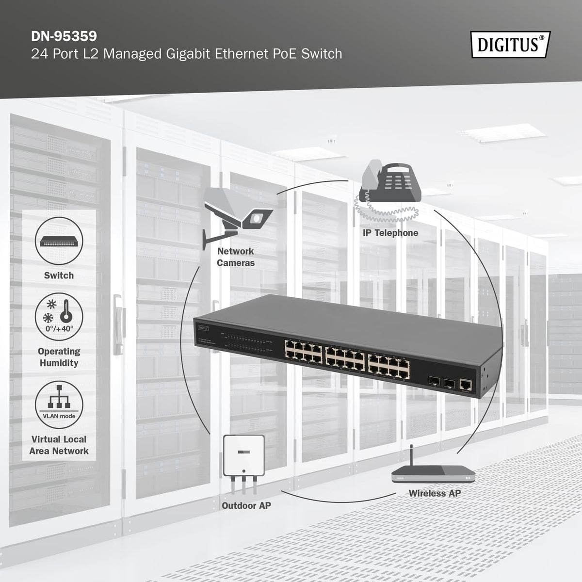 DIGITUS Conmutador de Red PoE Gigabit Gestionado de 27 Puertos - 24 Puertos RJ45 - 2 Puertos SFP - 1 Puerto de Consola - 450W PoE Presupuesto - Características L2 - 19 Pulgadas