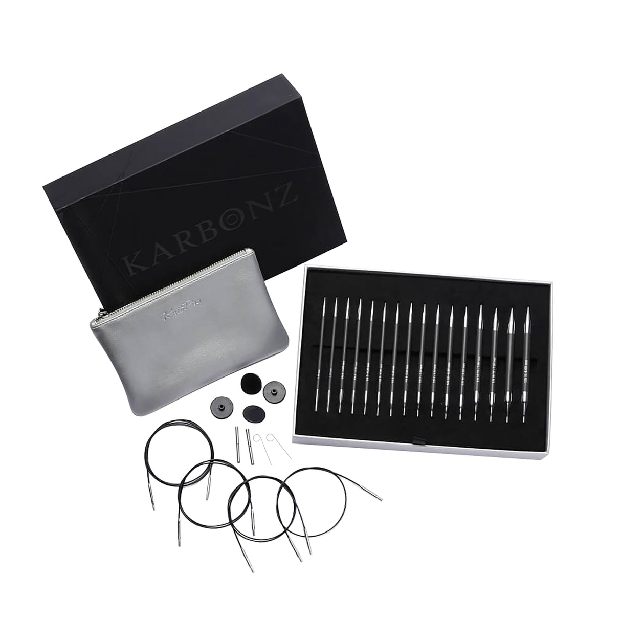 KnitPro Set de regalo de agujas de tejer circulares intercambiables Karbonz 3,5, 4,0, 4,5, 5,0, 5,5, 6,0, 7,0 y 8,0 mm