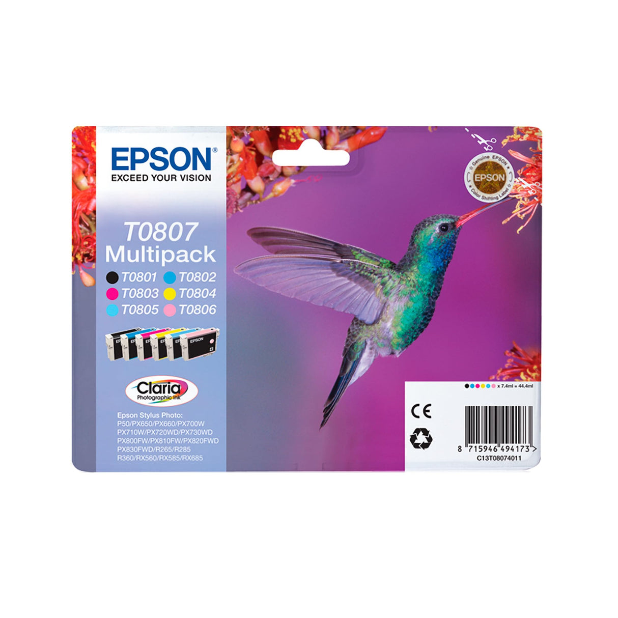 Epson C13T08074510 - Multipack 6 colores T0807 Claria Photographic Ink Embalaje Envío Fácil Epson