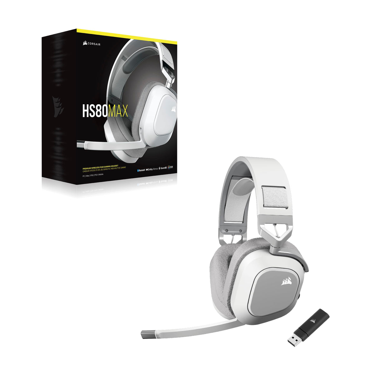 Corsair HS80 MAX Wireless Auriculares para Juegos Multiplataforma con Bluetooth – Dolby Atmos – Micrófono de Calidad Broadcast – Compatible con iCUE – PC, Mac, PS5, PS4, Switch, Móvil – Blanco