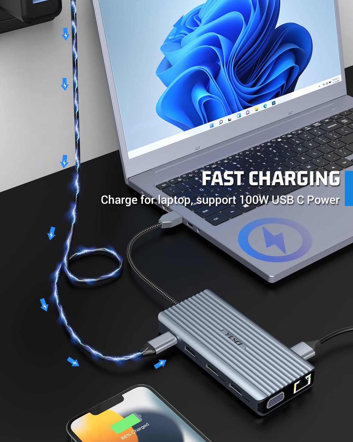 YLSCI USB C Hub, 12 en 1 Docking Station, 2xHDMI, VGA, Puerto Ethernet, 3xUSB 3.0, USB 2.0, 100W PD, SD/TF-Reader, Audio/Micrófono Utilizado en MacBook Pro/MacBook Air