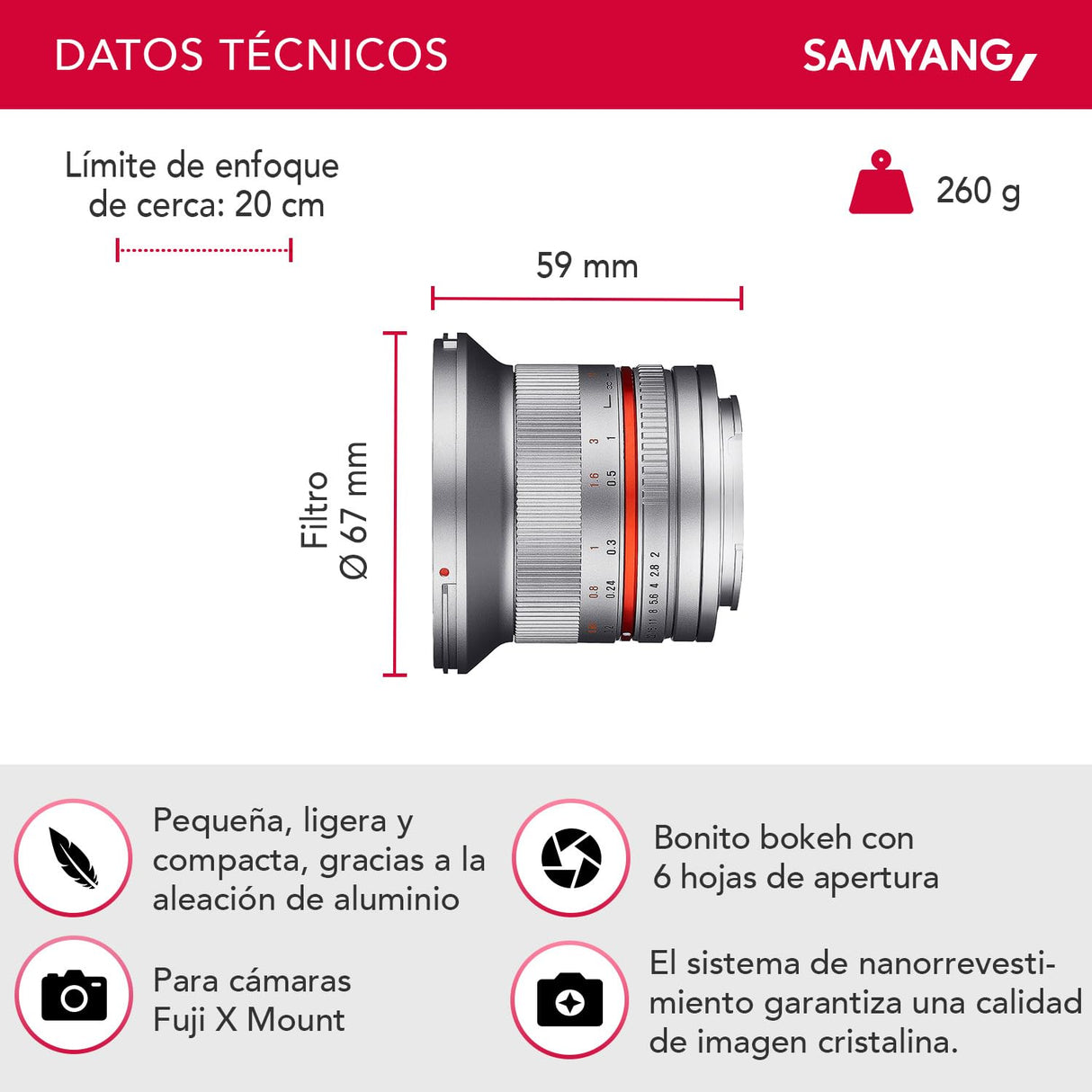 Samyang F1220510102 - Objetivo fotográfico CSC-Mirrorless para Fuji X (Distancia Focal Fija 12mm, Apertura f/2-22 NCS CS, diámetro Filtro: 67mm), Plateado